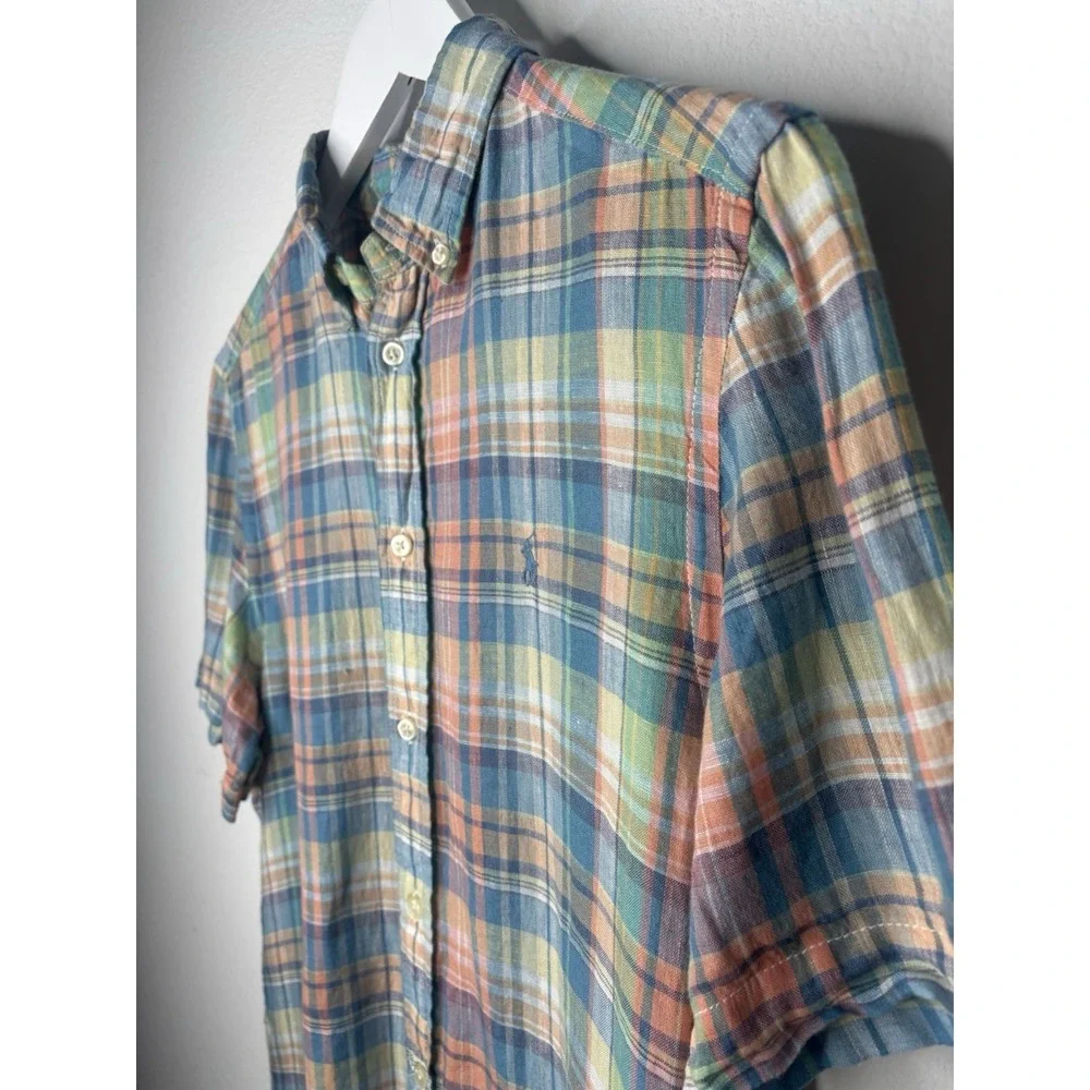 Ralph Lauren Shirt Youth‎ XL 18- 20 Plaid 100% Linen Madras Short Sleeve Button